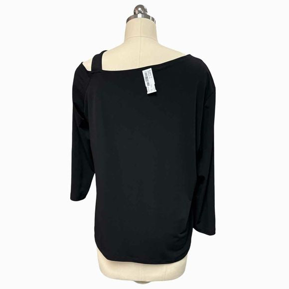 CLARA SUN WOO NWT! PEEKABOO SHOULDER DRAPED 3/4 SLEEVE BLACK TOP SIZE XL