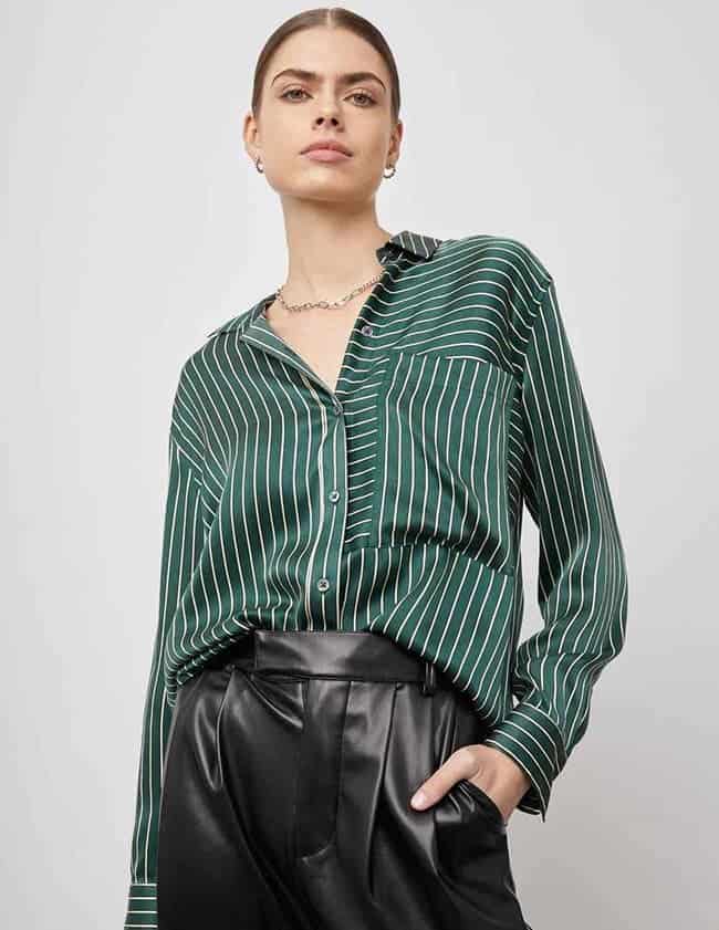 RAILS SPENCER SILK SHIRT IN FOREST STRIPE GREEN STRIPE BUTTON UP SIZE MEDIUM