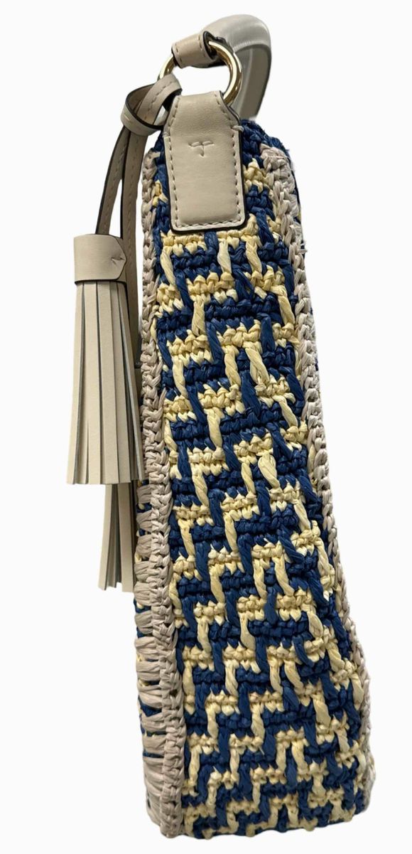 TORY BURCH BLUE/CREAM THEA STRAW BUCKET BAG