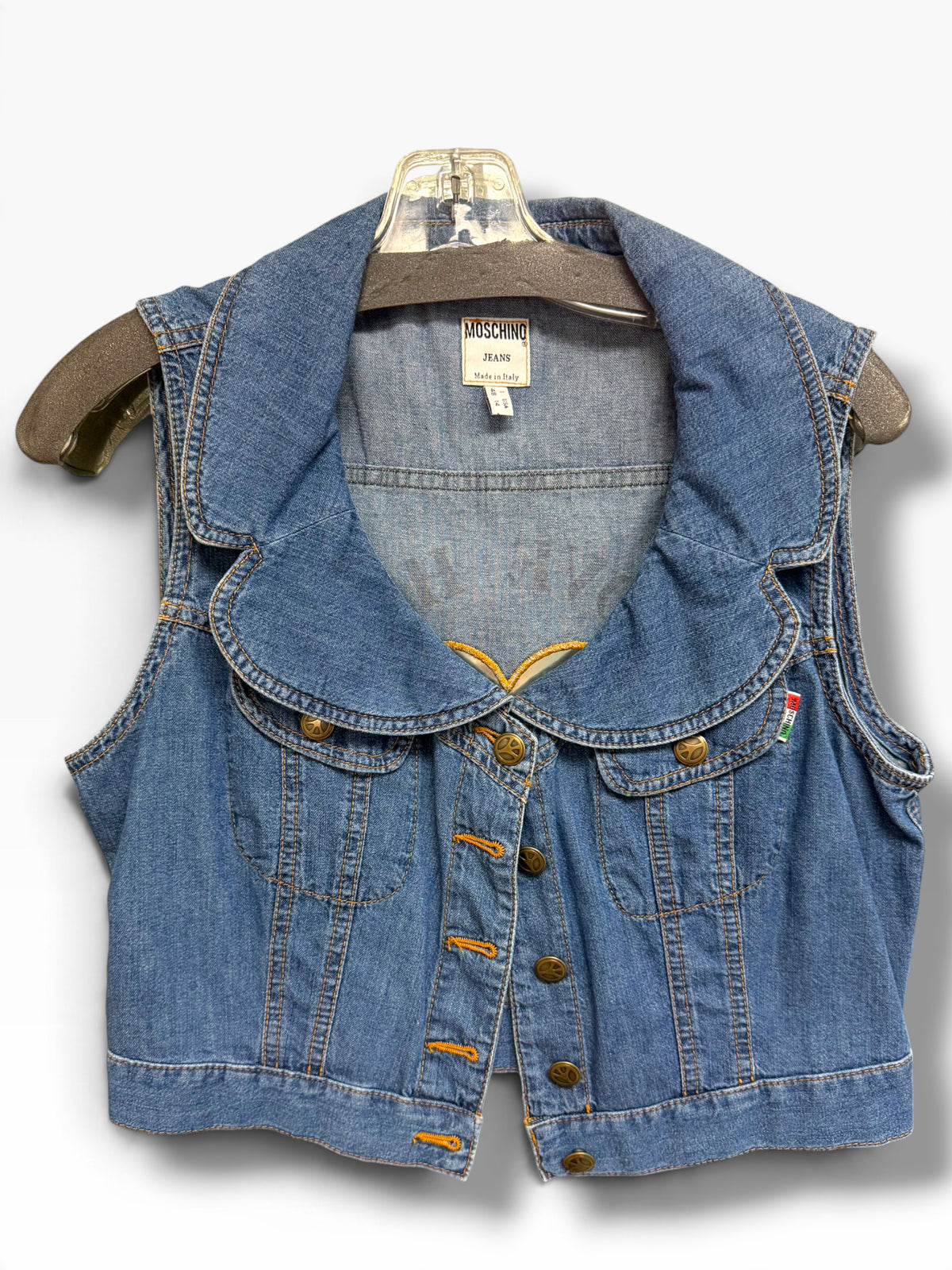 MOSCHINO JEANS 90'S CLEAR HEART LOVE HAS NO COLOR DENIM CROPPED VEST SIZE 14