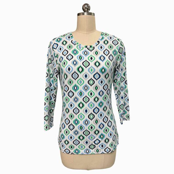 MCLAUGHLIN CATALINA CLOTH PRINT 3/4 SLEEVE WHITE/BLUE TOP SIZE XS