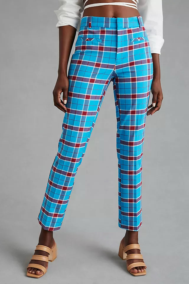 ANTHROPOLOGIE THE SLIM KICK FLARE BLUE PLAID PANTS SIZE 4