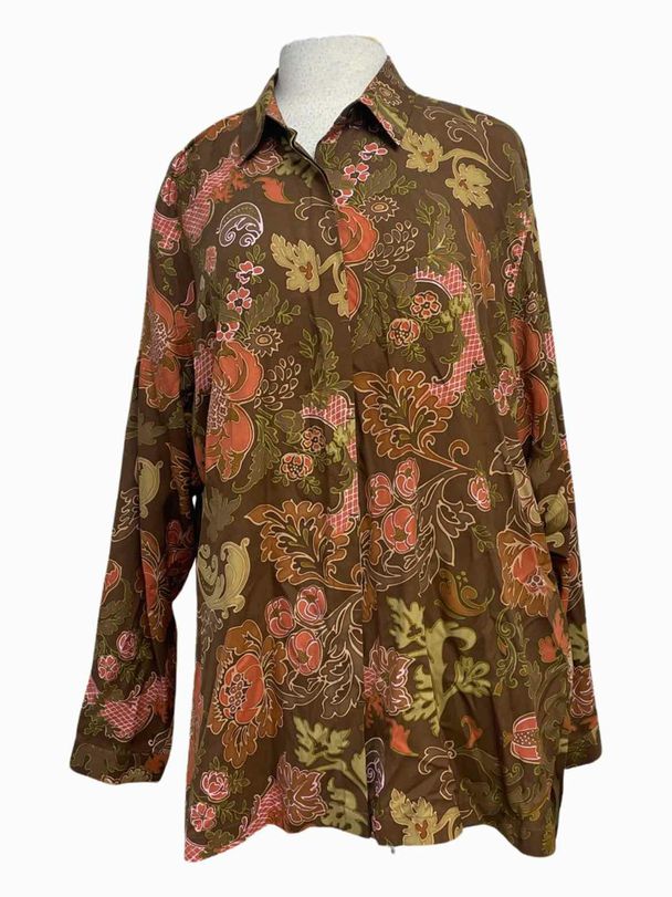 GO SILK RETRO FLORAL BROWN SHIRT SIZE L