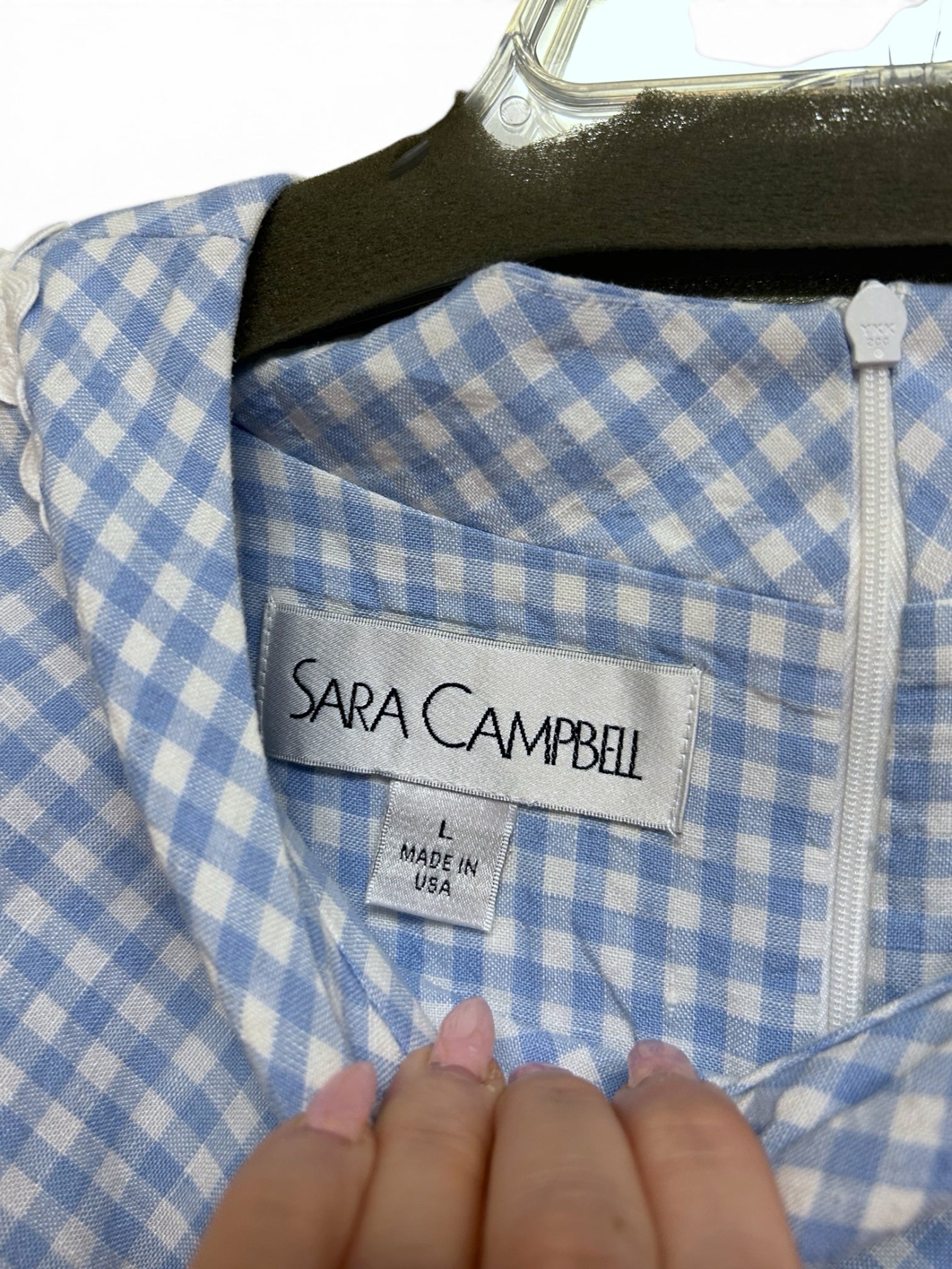 SARA CAMPBELL GINGHAM RIC-RAC TRIM LINEN BLUE WHITE MINI DRESS SIZE LARGE