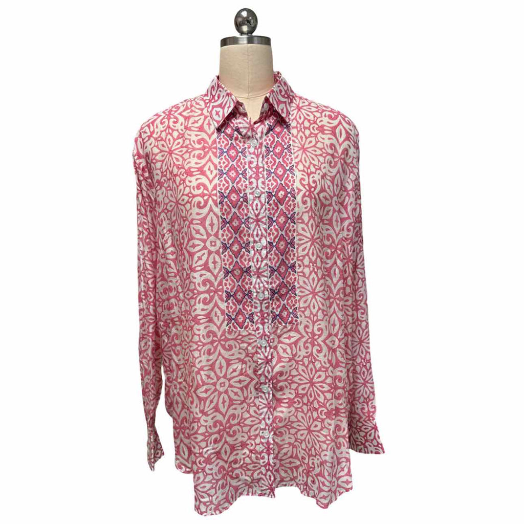 SULU EMBROIDERED BUTTON DOWN PINK/WHITE BLOUSE SIZE XL