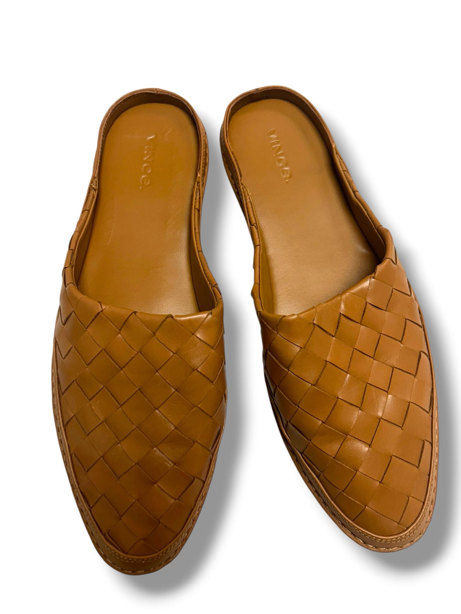 WOMEN'S VINCE FREEMAN WOVEN  TAN LEATHER SLIP ON MULE SIZE 8.5