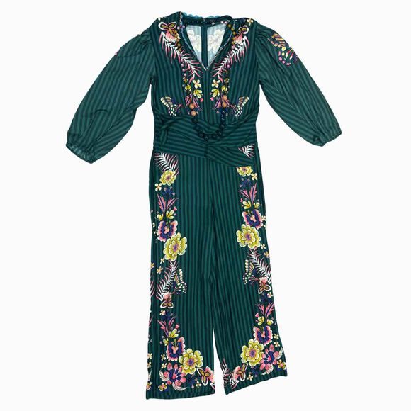 BL^NK LONDON TAPESTRY PRINT GREEN JUMPSUIT WITH BEADED ACCENT SIZE L