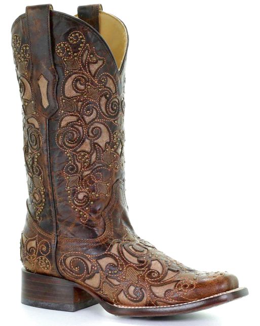 CORRAL TAN INLAY EMBROIDERY AND STUDS BRONW COWBOY BOOTS SIZE 7.5