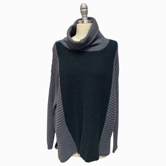 PLANET BY LAUREN G COWL NECK TUNIC BLACK/GRAY SWEATER SIZE M/L