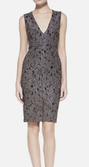 NWT ALICE & OLIVIA BAYLEE BROCADE V NECK SHEATH GRAY BLACK DRESS SIZE 8