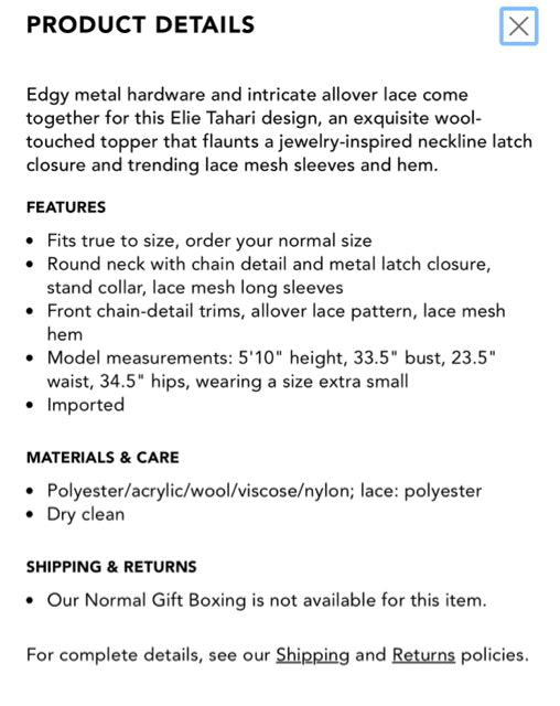 NWT ELLIE TAHARI JAYA CHAIN DETAIL METALLIC LACE TOPPER JACKET SIZE MEDIUM