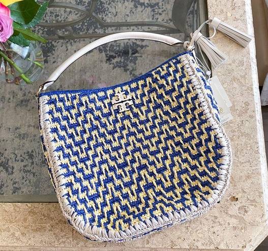 TORY BURCH BLUE/CREAM THEA STRAW BUCKET BAG