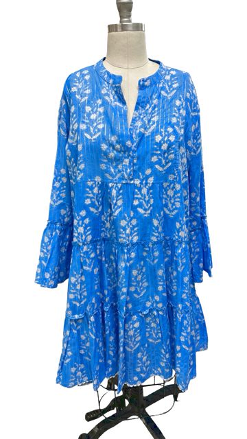 JULIET DUNN SAPPHIRE FLORAL BOHO SPLIT NECK TIERED MINI DRESS M/L