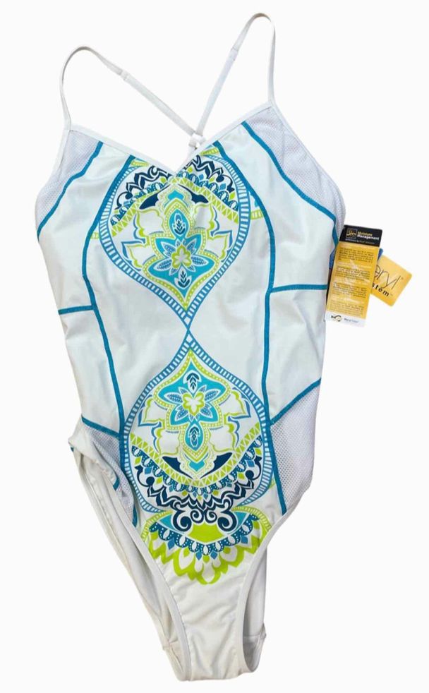 ATHLETA NWT! LYCRA ONE PIECE RACERBACK WHITE/BLUE SWIMSUIT SIZE LT