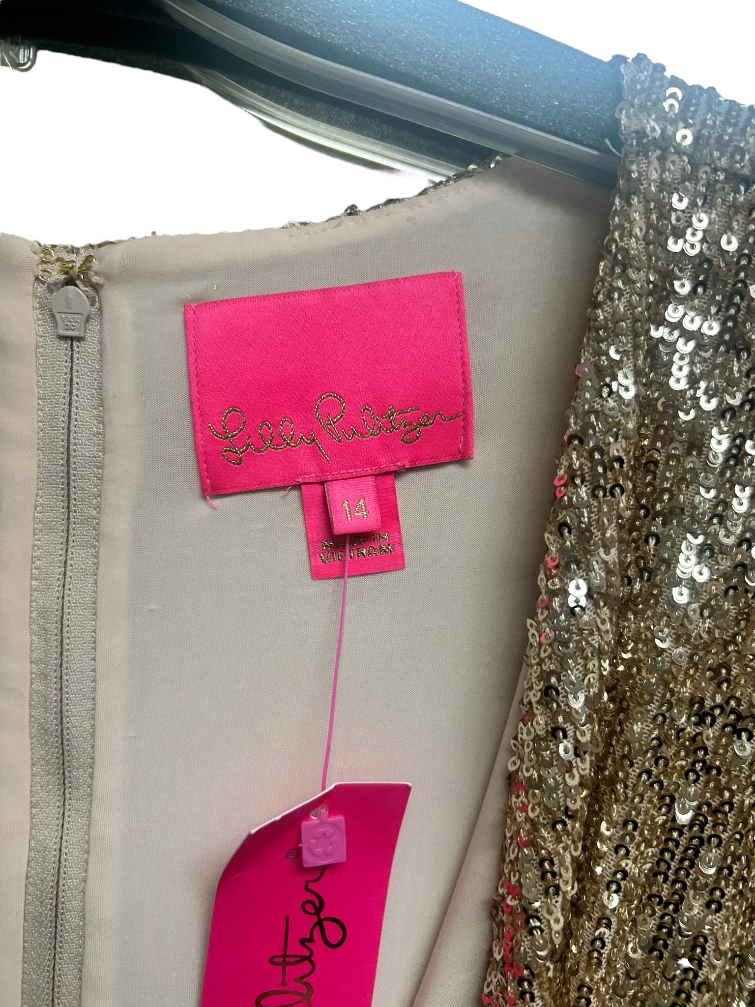 LILLY PULITZER NWT REAGAN LS GOLD SEQUIN MINI BALLOON SLEEVE DRESS SIZE 14