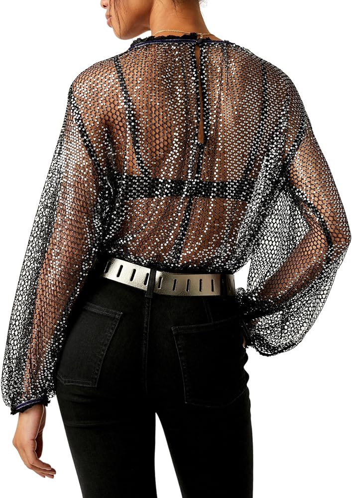 FREE PEOPLESPARKS FLY MESH SEQUIN TOP SIZE: S