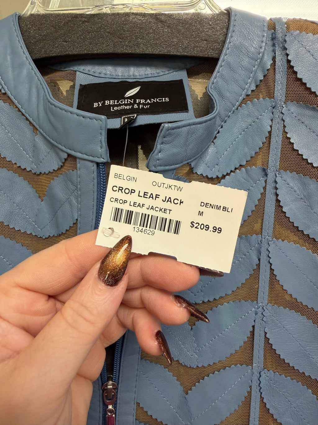 NWT BELGIN FRANCIS LEATHER CROP LEAF ZIP UP BLUE JACKET SIZE MEDIUM
