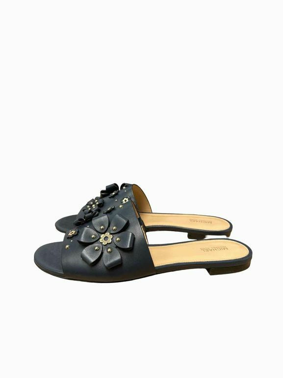 MICHAEL KORS TARA LEATHER APPLIQUE SLIDE NAVY 10