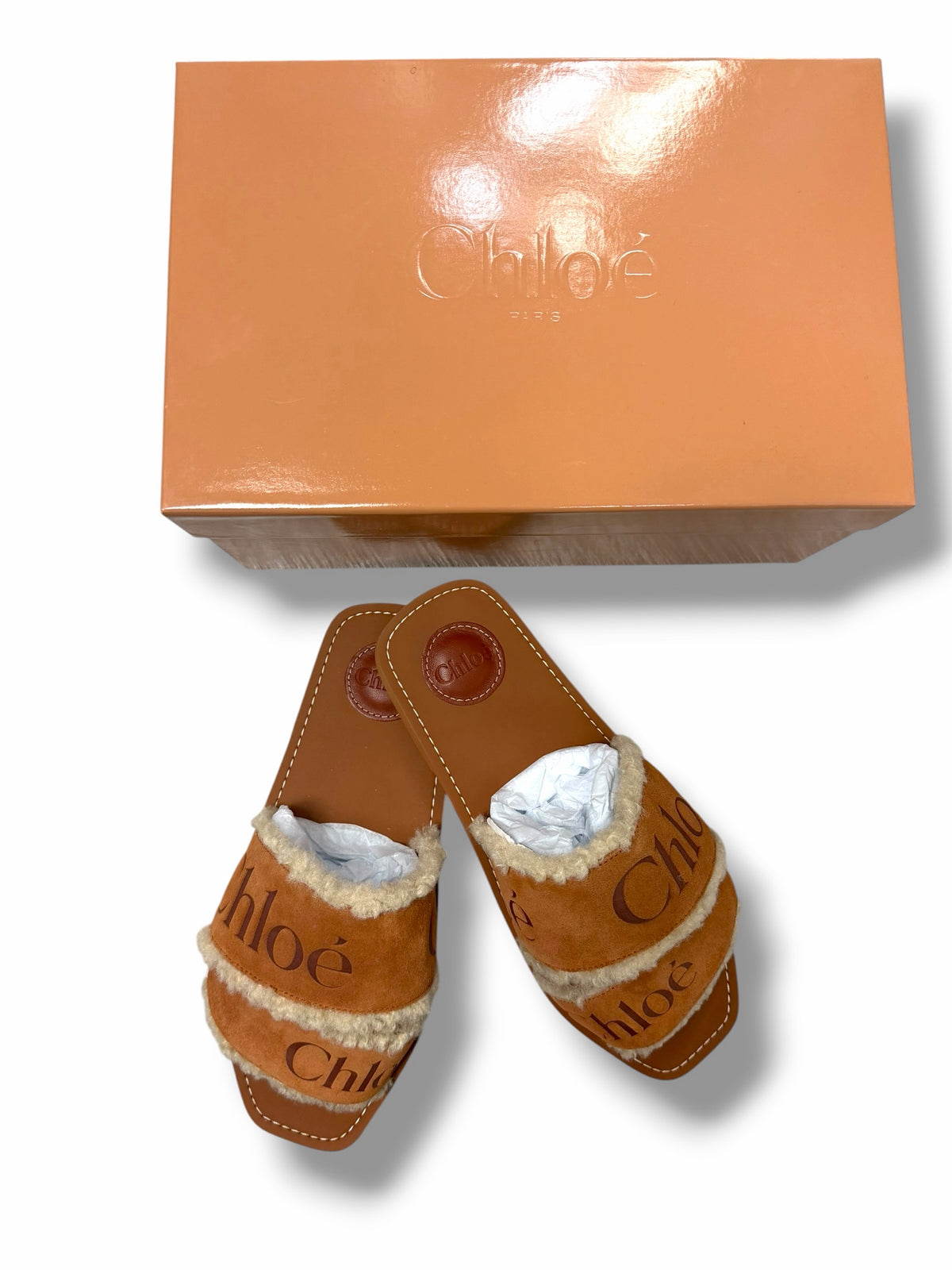 NEW WITH TAGS CHLOE WOODY SHEARLING SLIDE SANDAL CHESTNUT SIZE 39 US 8.5