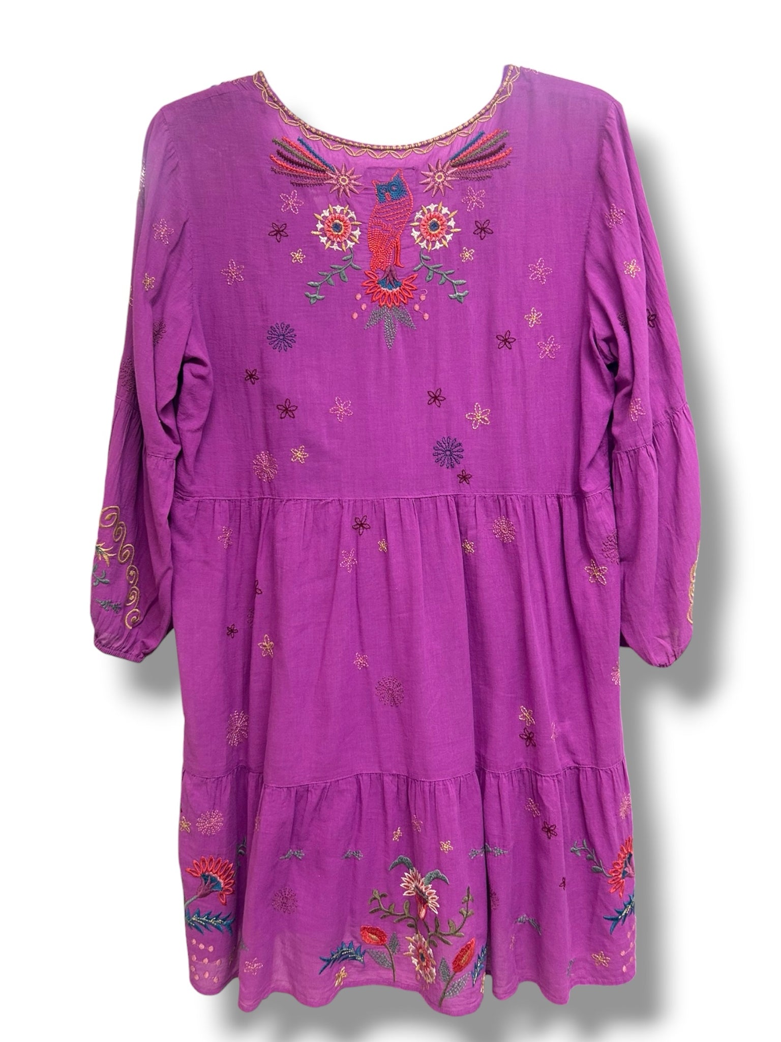 JOHNNY WAS LUCY EASY TIERED MINI PURPLE EMBROIDERED DRESS SIZE LARGE