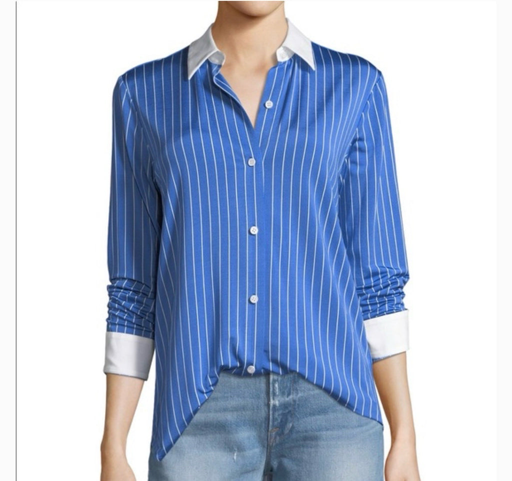 THEORY NWT ESSENTIAL BUTTON DOWN BLUE STRIPED JERSEY TOP SIZE MEDIUM
