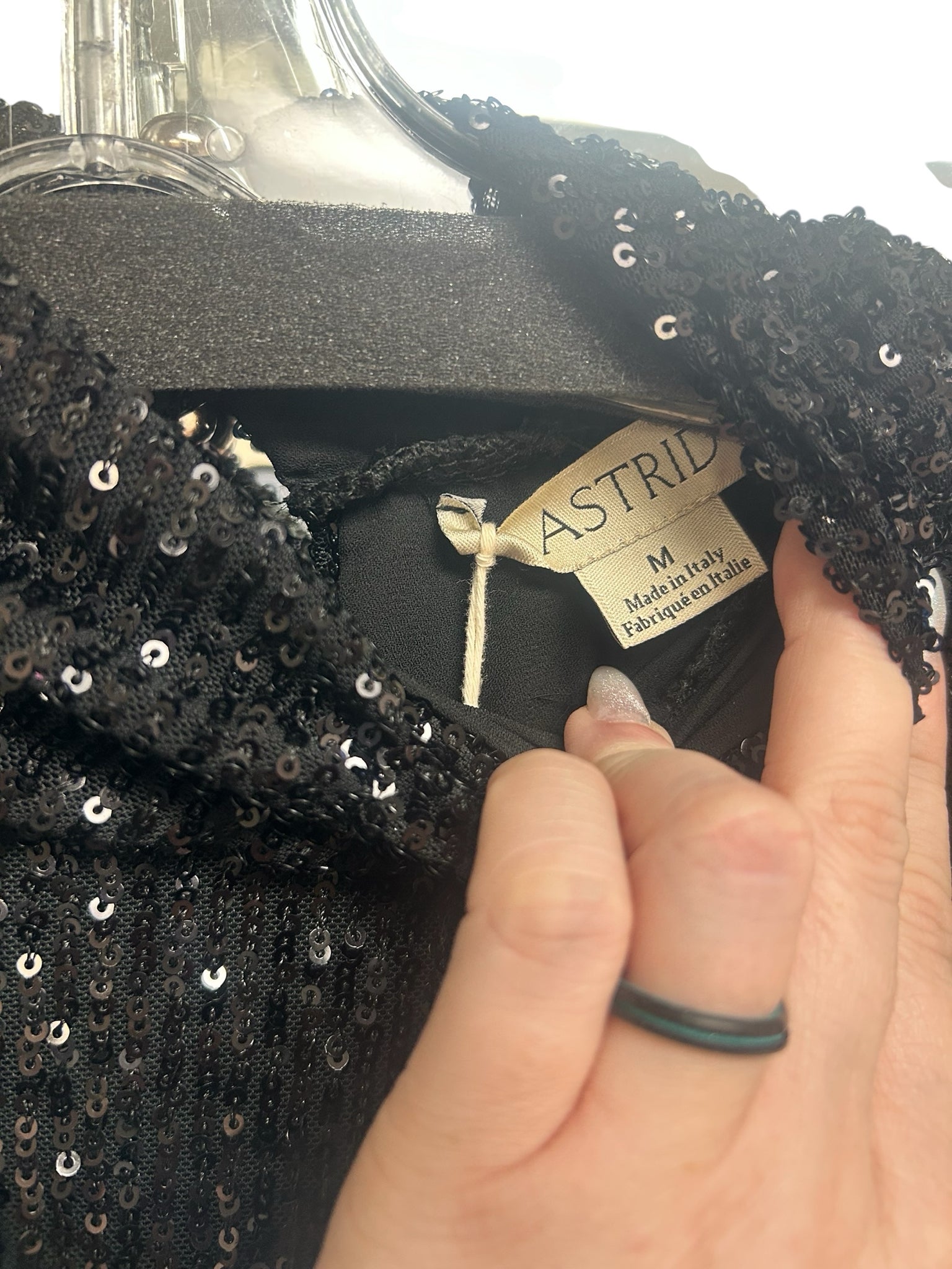 NWT ASTRID  BLACK SEQUIN MOCK NECK LONG SLEEVE MINI FAUX WRAP DRESS SIZE MEDIUM