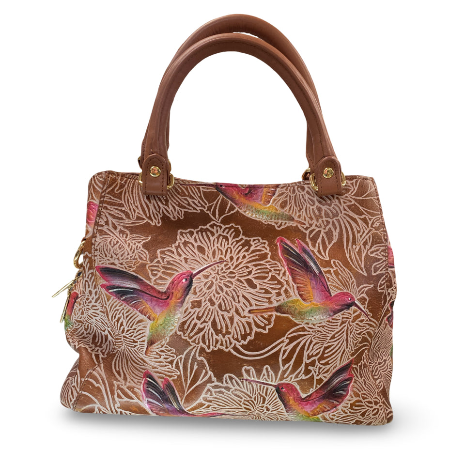 ANUSCHKA MULTI COMPARTMENT SATCHEL TOOLED BIRDS TAN