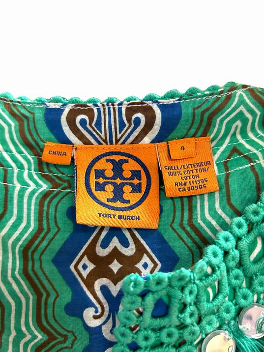 TORY BURCH STEPHANIE GREEN FRINGE MIRROR COTTON TUNIC TOP SIZE4