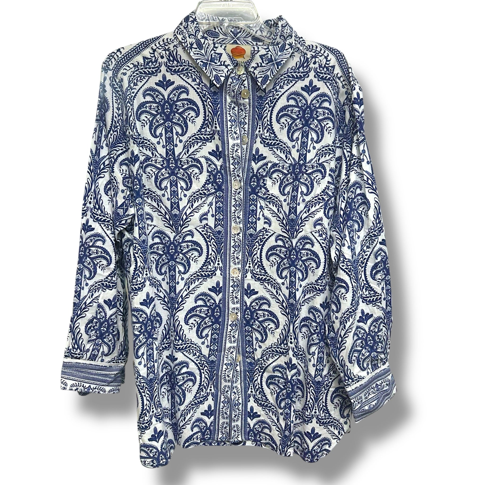FARM RIO TROPICAL PRINT BLUE WHITE LINEN BLEND BUTTON UP TOP SIZE XL