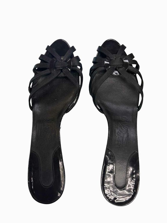 FERRAGAMO STRAPPY PATENT KITTEN HEEL SLIDE SIZE: 9.5