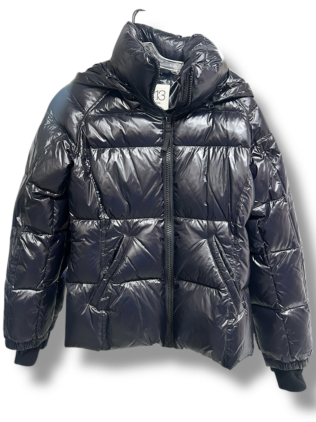 S13 KYLIE GLOSSY BLACK DOWN PUFFER HOODED COAT SIZE MEDIUM