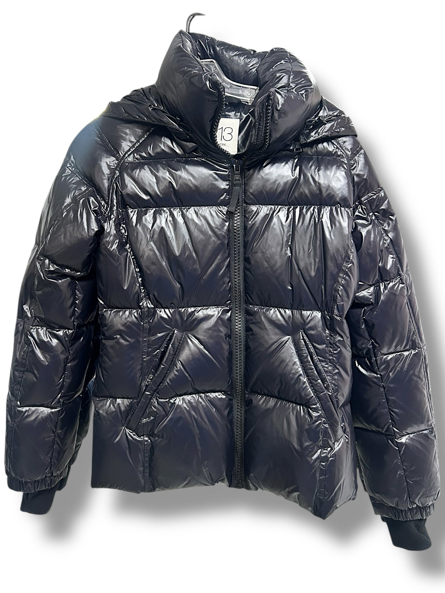 S13 KYLIE GLOSSY BLACK DOWN PUFFER HOODED COAT SIZE MEDIUM
