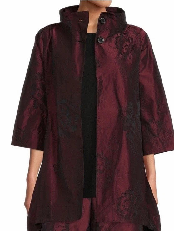 BRYN WALKER ART TO WEAR BURGUNDY JACQUARD SATIN TOPPER JACKET SIZE SMALL