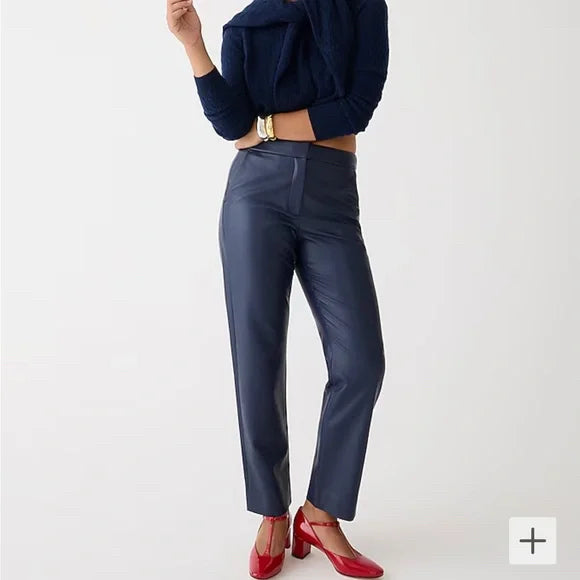 NWT J.CREW KATE FAUX LEATHER STRAIGHT LEG NAVY PANTS SIZE 12