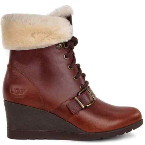 UGG JANNEY FUR TRIM WEDGE BROWN BOOT IN STOUT SIZE 6