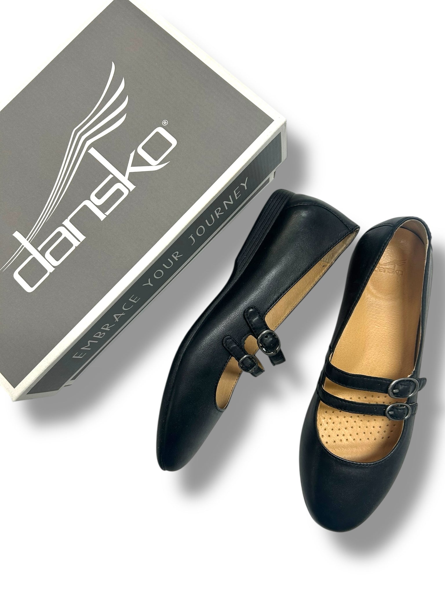 DANSKO LEEZA WITH BOX NAPPA BALLERINA BLACK LEATHER FLATS SIZE 38 US 8