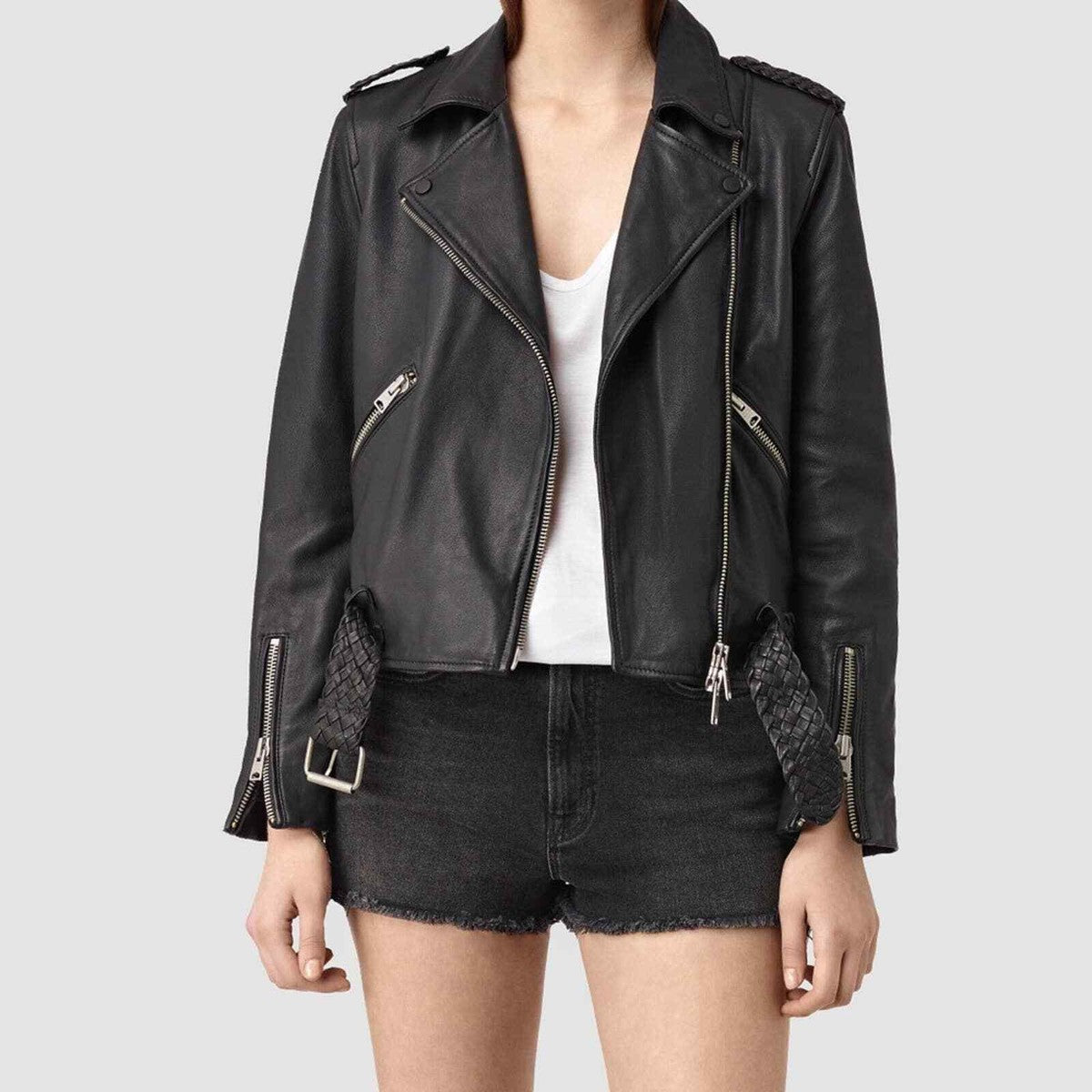 ALL SAINTS WYATT BRAIDED LAMB LEATHER BLACK BIKER MOTO JACKET SIZE 10