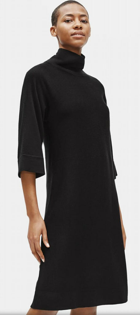 EILEEN FISHER MOCK TURTLENECK KNEE LENGTH BLACK DRESS SIZE XS