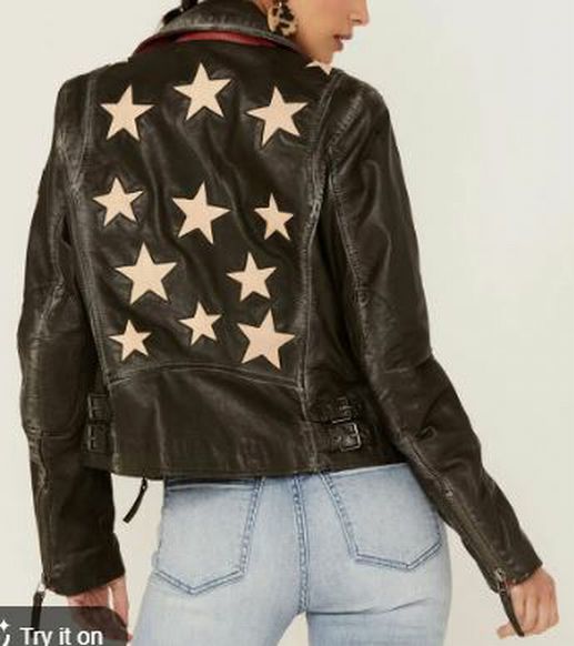 ANTHROPOLOGIE MAURITIUS CHRISTY LEATHER MOTO JACKET BLACK STAR SIZE 6
