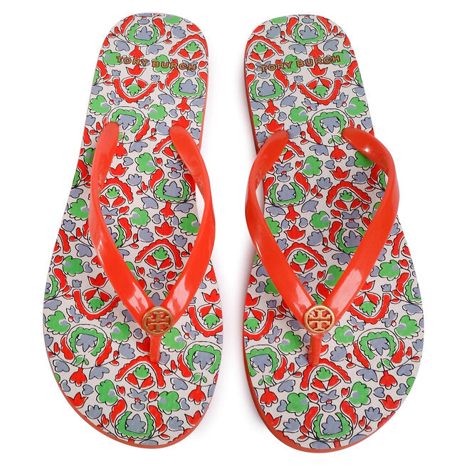 TORY BURCH THIN FLIP FLOP IN POPPY RED/LEGACY PAISLEY 10