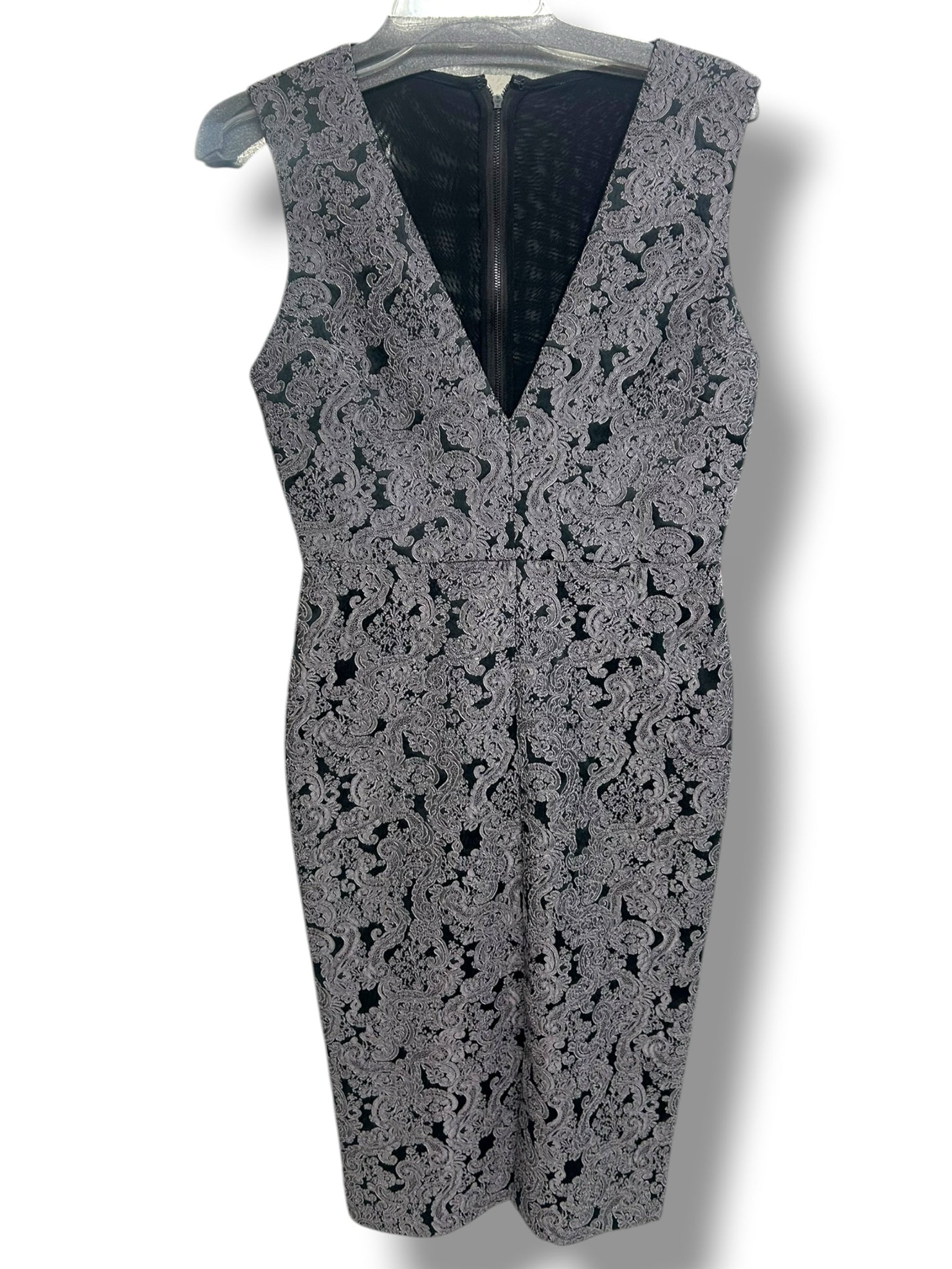 NWT ALICE & OLIVIA BAYLEE BROCADE V NECK SHEATH GRAY BLACK DRESS SIZE 8