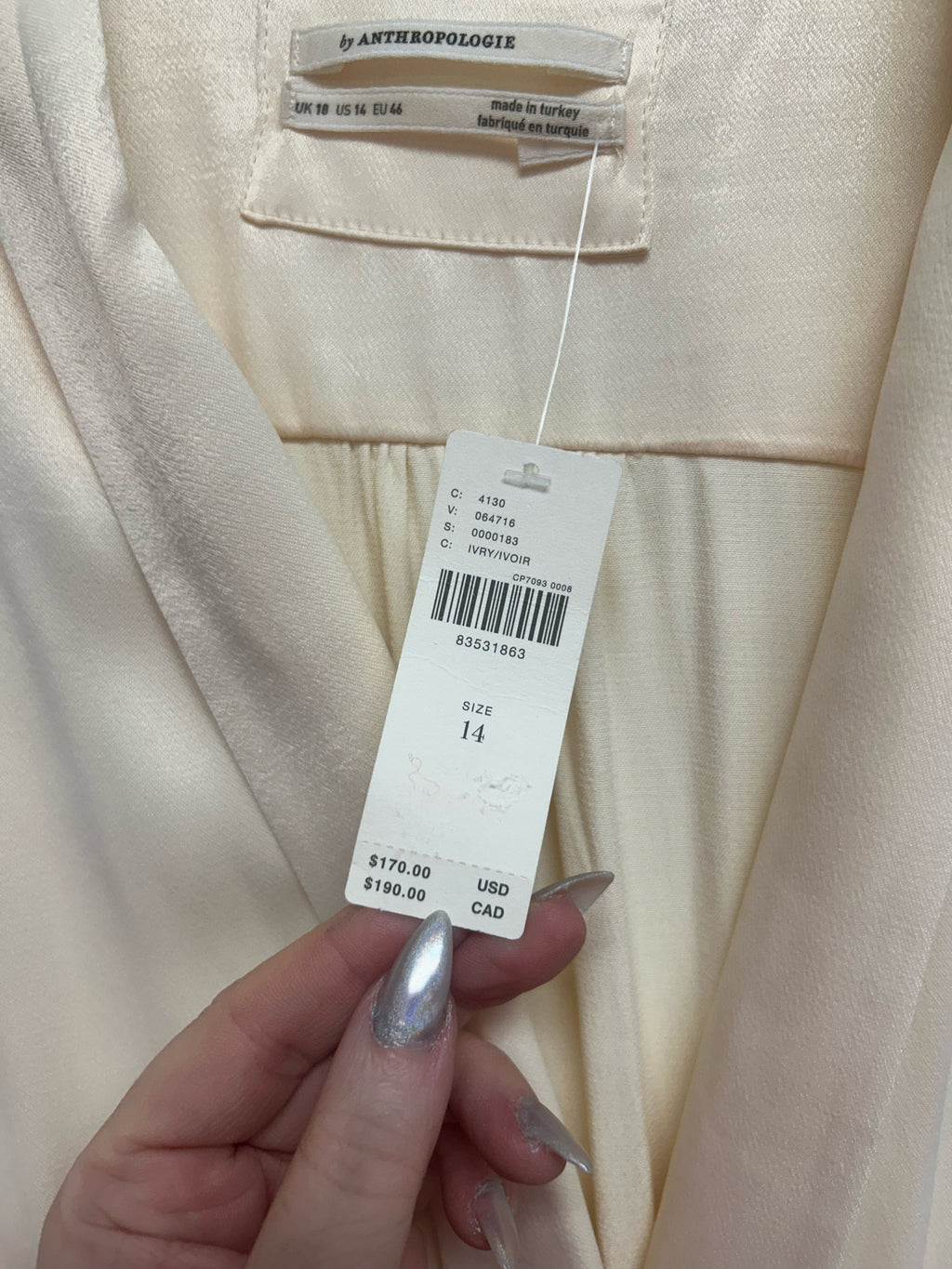 NWT ANTHROPOLOGIE TWIST FRONT SATIN SLEEVELEESS CREAM LONG DRESS SIZE 14