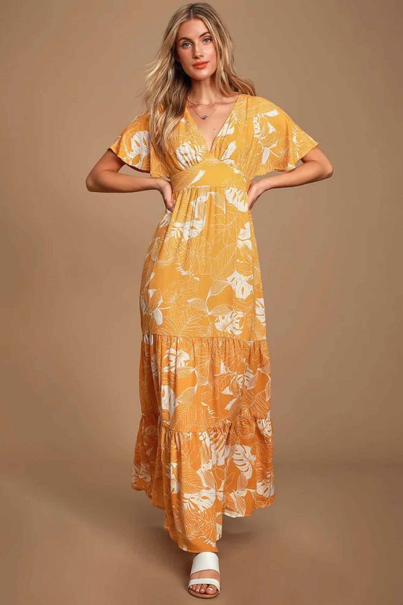 LULUS SAVANNA YELLOW PRINT YELLOW MAXI DRESS SIZE S