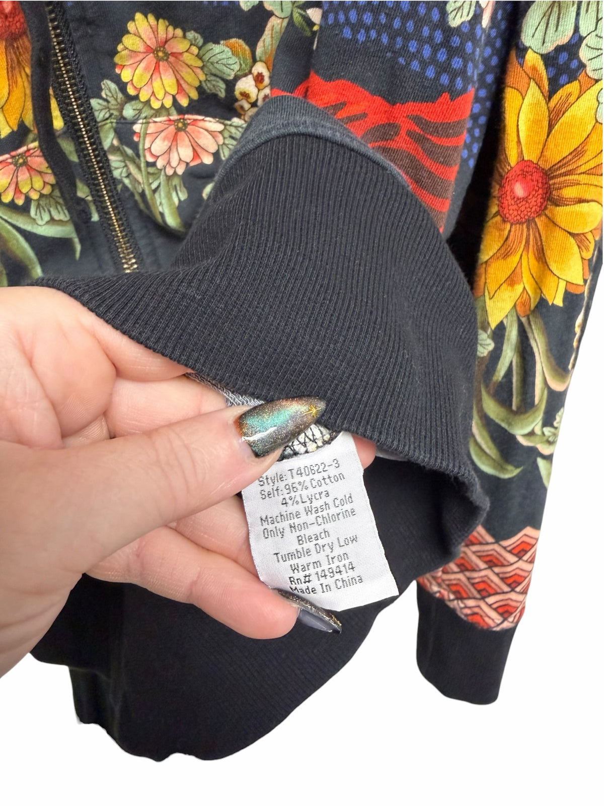 JOHNNY WAS MULTI COLOR FULL ZIP DRAGON FLORAL PRINT HOODIE SIZE MEDIUM