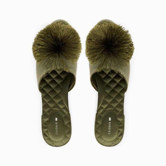 BIRDIES  SONGBIRD VELVET POM POM MULES IN OLIVE GREEN SIZE: 11