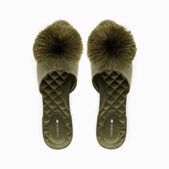 BIRDIES  SONGBIRD VELVET POM POM MULES IN OLIVE GREEN SIZE: 11