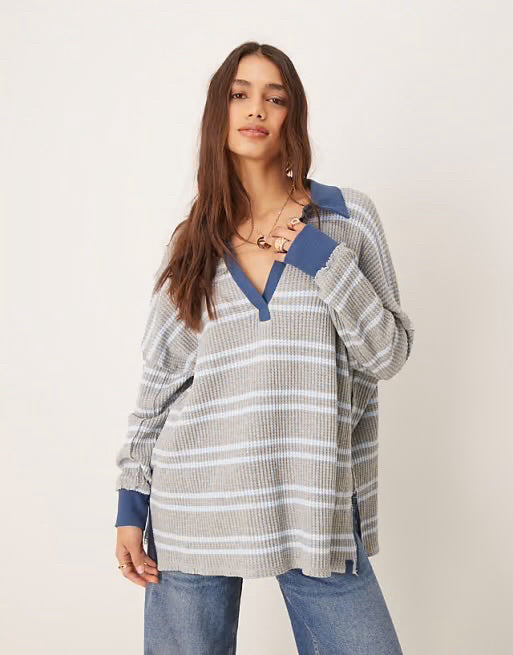 WE THE FREE NWT STRIPED TRAVIS THERMAL POLO GREY BLUE SIZE XS