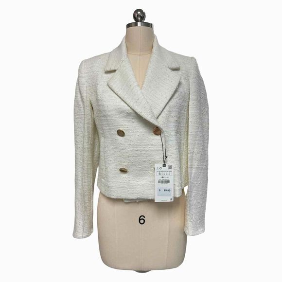 ZARA NEW! DOUBLE BREASTED TWEED CROP IVORY BLAZER SIZE S