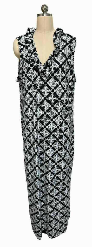 LULU B RUFFLE NECK SLEEVELESS PRINT MAXI BLACK/WHITE DRESS SIZE 1X