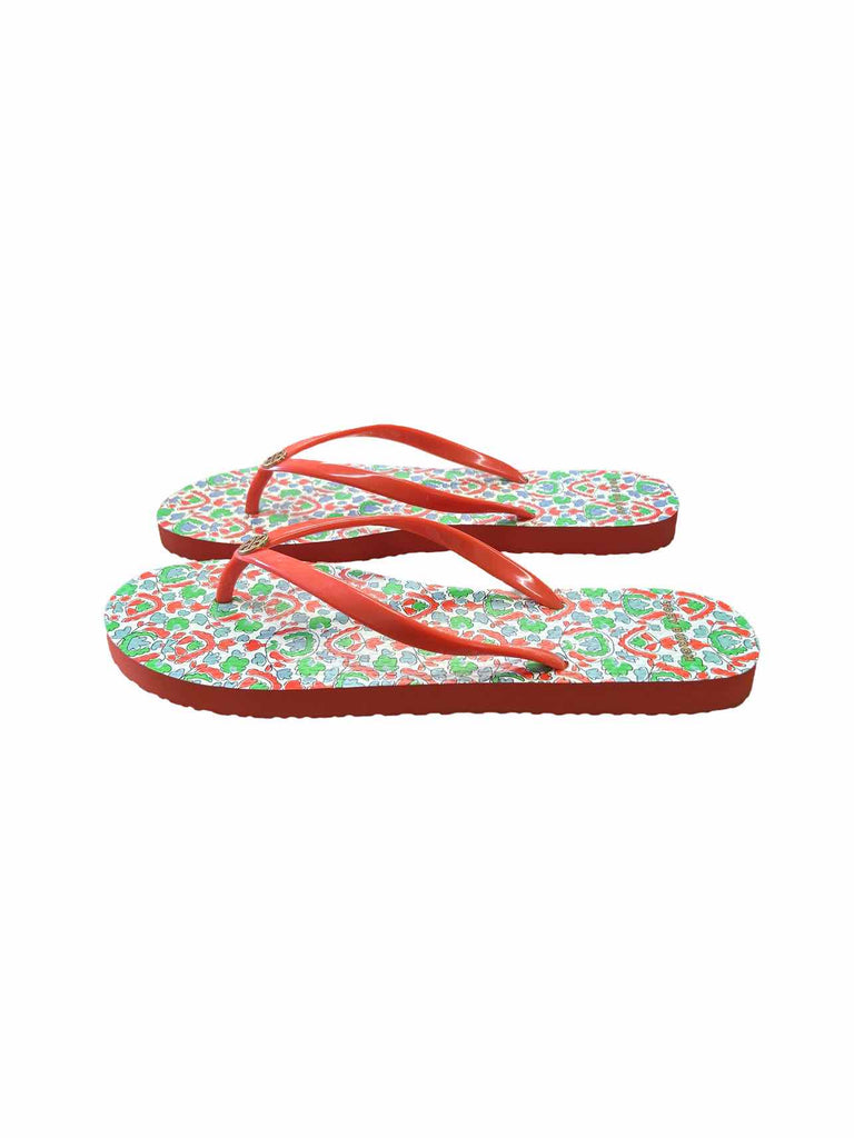 TORY BURCH THIN FLIP FLOP IN POPPY RED/LEGACY PAISLEY 10